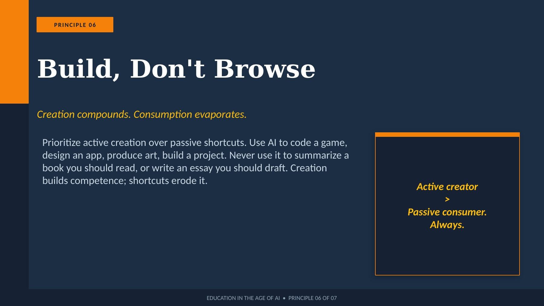 Build don't browse — using AI to create games and projects builds competence; using it to summarize books you should read erodes it
