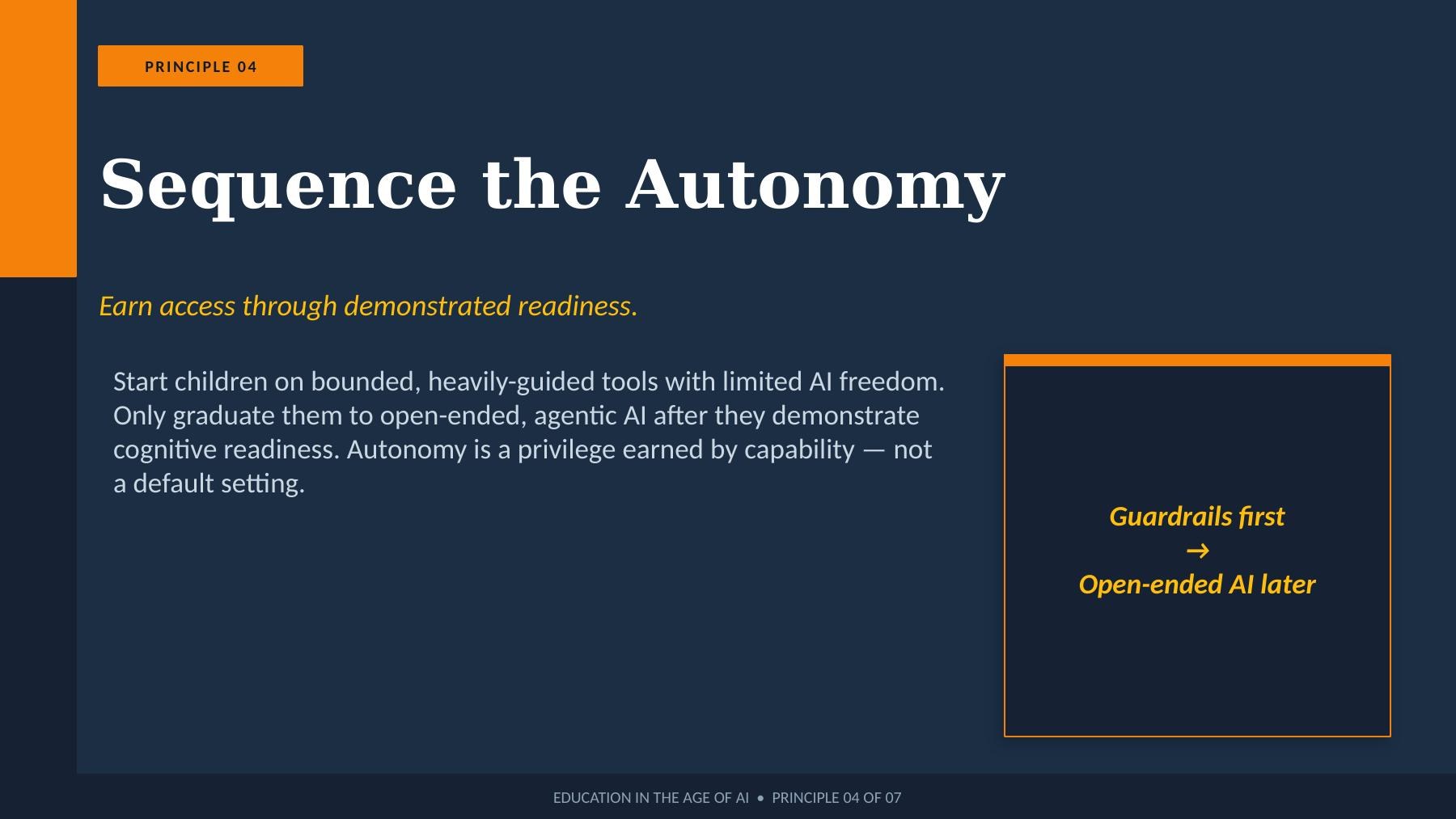 Sequence the autonomy — AI access should be earned through demonstrated cognitive readiness, not assumed